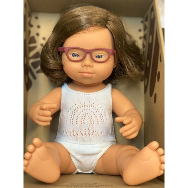 Miniland Bambola Baby Girl Europea Bruna 38 cm con sindrome di Down, occhiali e intimo 31111-Miniland-31111-05