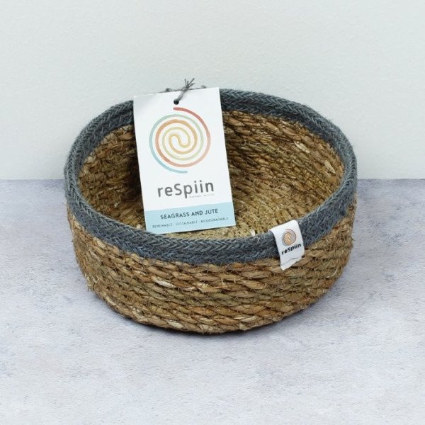 ReSpiin Shallow Seagrass and Jute Basket Small Natural/Grey 1pz.-ReSpiin-RSJ019-01
